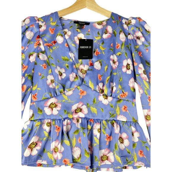 Forever 21 Lavender Floral Peplum Longsleeve Top Size Medium - Picture 3 of 12